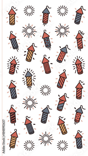 Firework Fantasy: A vibrant illustration showcasing an array of festive fireworks and sunbursts, capturing the joyous essence of celebration and pyrotechnics.