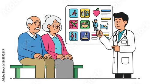 Doctor Explaining Health Information: A medical professional engages an elderly couple with a detailed presentation on healthy habits. The doctor provides clear and accessible information.