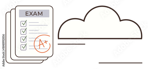 Graded exam paper with A score and checkmarks next to a minimalistic cloud shape. Ideal for education, success, e-learning, cloud storage, online testing, achievement, simple flat metaphor
