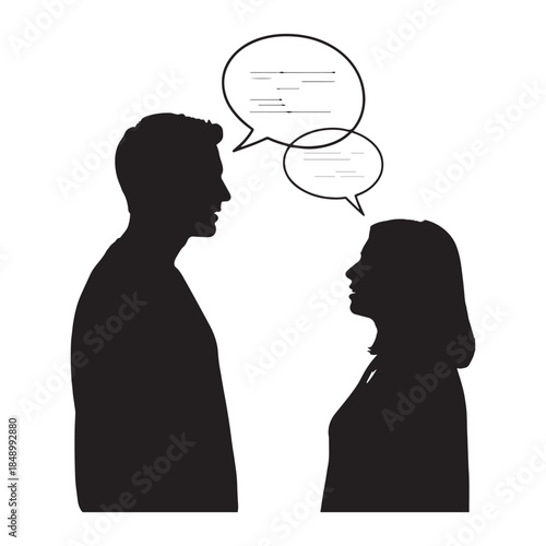 Couple talking with speech bubbles.
Man woman conversation silhouette isolated.
People communicating with chat icons.