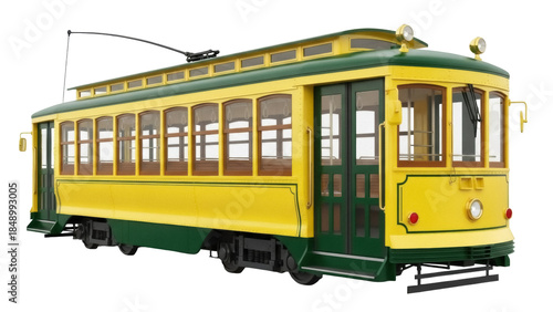 Vászonkép Isolated vintage tram or trolley car, colorful antique train car without backgro