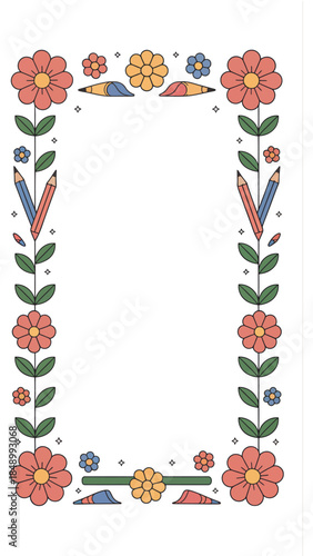 Creative Floral Frame: An artful composition of stylized flowers and pencils creates a charming, decorative frame. perfect for adding a touch of elegance