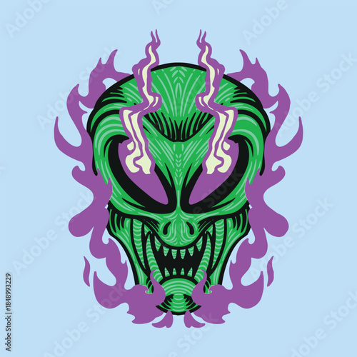 alien scary head with fire purple around streetwear design