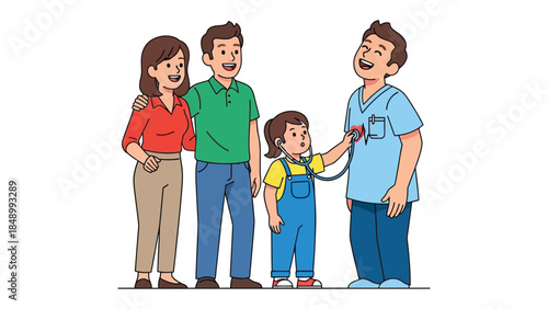 Healthcare Harmony: A young girl, accompanied by her supportive parents, playfully listens to the doctor's heartbeat with a stethoscope. The image embodies trust, care.