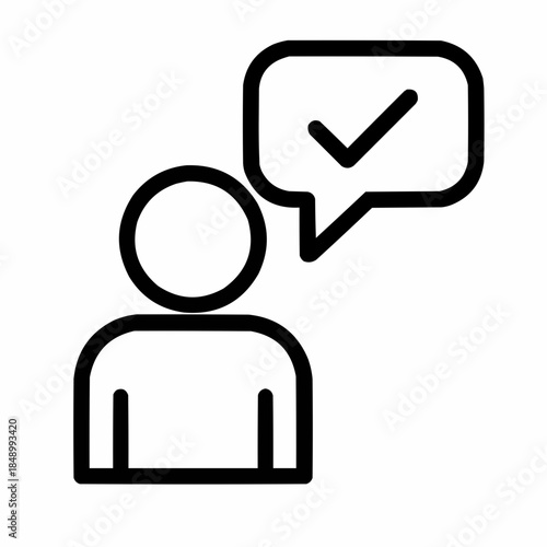 Line icon of a person with speech bubble and checkmark — verbal commitment, black on white, square minimalist style