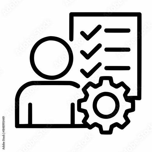 Line icon of a person with gear and checklist — operational responsibility, black on white, square minimalist style