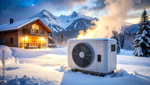 A cozy heat pump stands in the middle of a snowy mountain landscape, surrounded by frost-covered forests and white winter trees under a clear blue sky