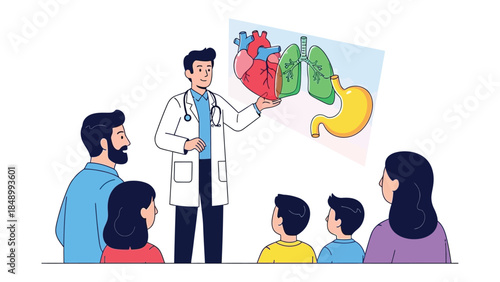 Medical Presentation: A doctor explains the human heart to a group of people, illustrating medical concepts with diagrams for better understanding.