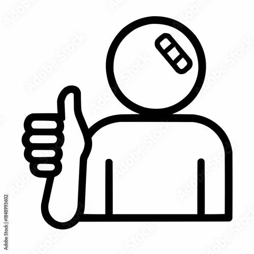 Line icon of a person with thumbs-up and bandage — recovered from blooper, black on white, square minimalist style
