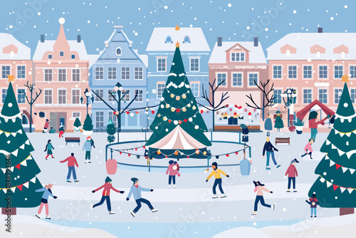 A festive winter scene with an ice rink and decorated buildings