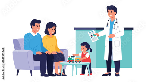 Family doctor consultation: A family consults with a friendly doctor, the child playing with toys, creating a comforting atmosphere during a medical checkup.