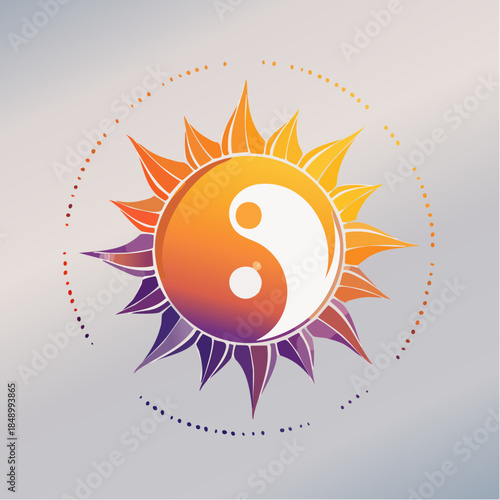 Yin Yang symbol inside a sun with orange and purple petals on a light gray background.