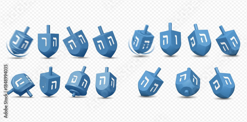 Set of blue dreidels in various positions, traditional Jewish spinning tops for Hanukkah game.