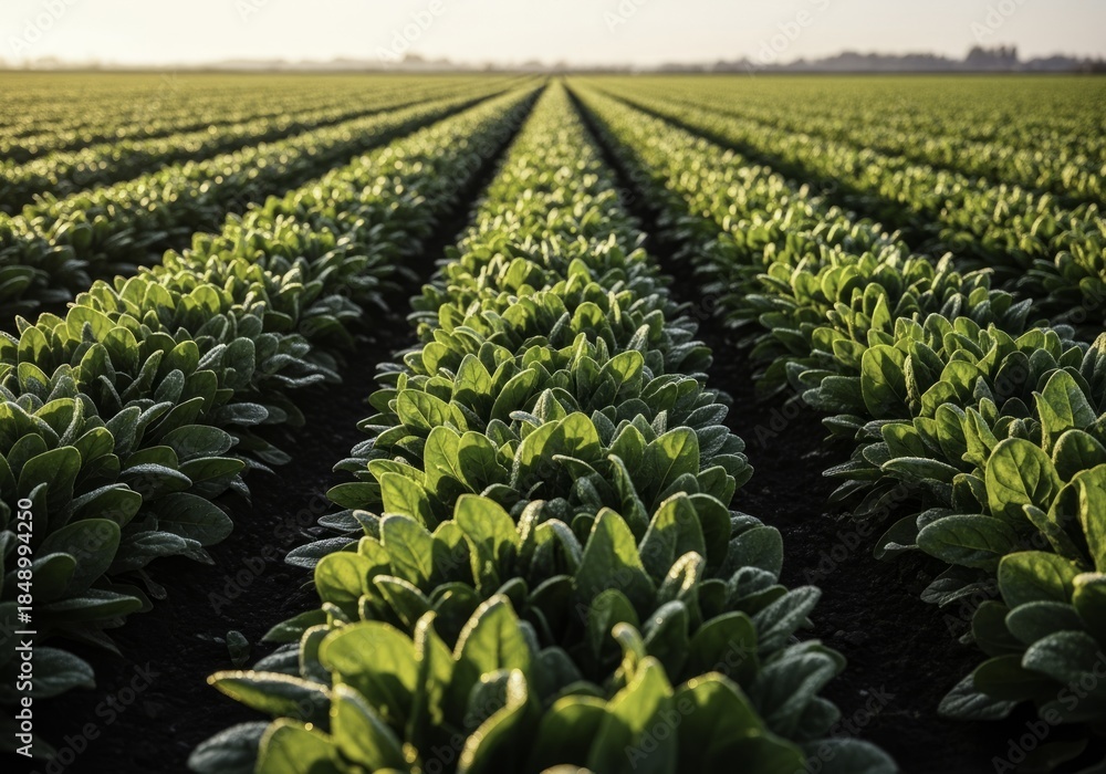 Fototapeta premium Vibrant Green Leafy Crop Field with Morning Frost and Golden Sunlight, Stretching into the Horizon