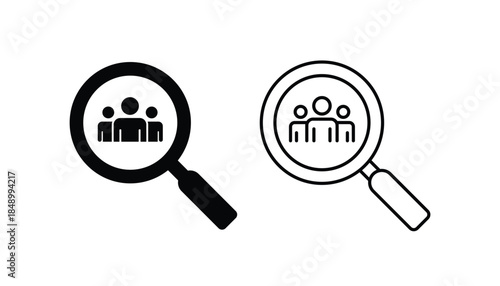 Set of HR and hiring vector icons. Candidate, interview, job search icon set. Magnifying glass over a group of people icon
