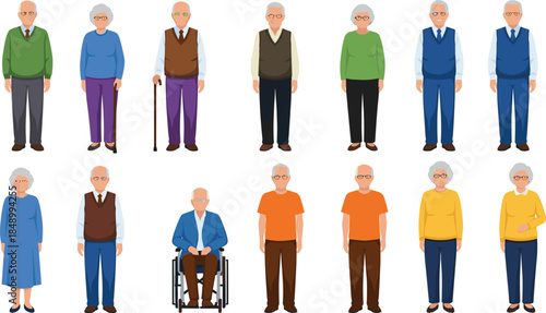 Senior people character vector set featuring elderly men and women in different outfits, poses, and mobility states for aging and lifestyle illustrations
