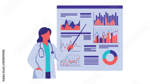 Healthcare Analysis and Presentation: A dedicated medical professional presents intricate data charts and graphs, offering insight into health trends and patterns. The scene suggests a serious.