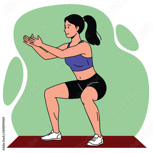 Fit woman with ponytail performing deep squat exercise in purple sports bra and black shorts