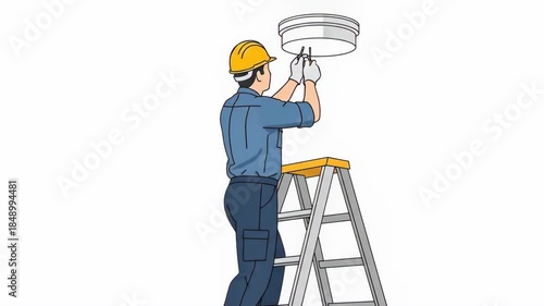 Installing Electrical Fixtures on Ceiling Using Ladder