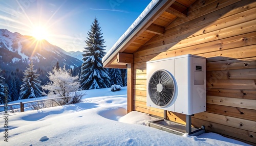 The heat pump is next to the village house during the snowy season 