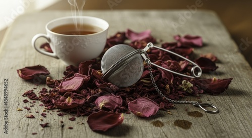 Steaming Rose Herbal Tea with Infuser and Dried Petals on Rustic Wooden Table