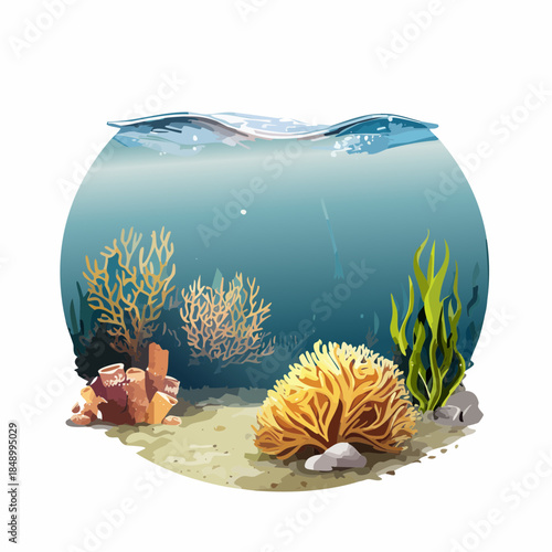 Underwater scene with coral, seaweed, and sandy bottom in a circular frame.