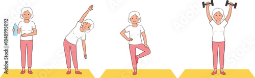 Senior woman fitness exercise vector illustration showing stretching, balance, and strength training routine for healthy aging, wellness, and active lifestyle