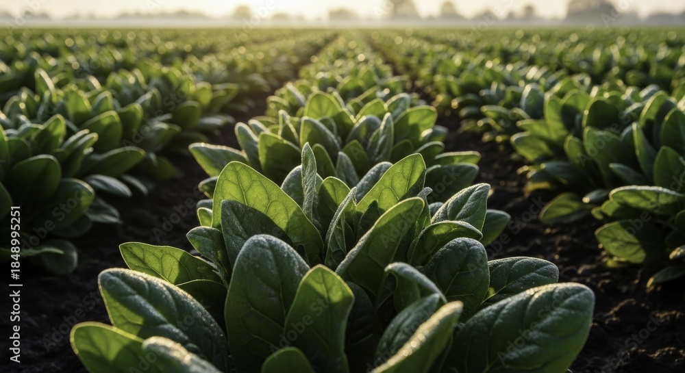 Obraz premium Young spinach plants in a lush green field at sunrise, covered in morning dew or frost, showcasing agricultural growth and fresh produce.
