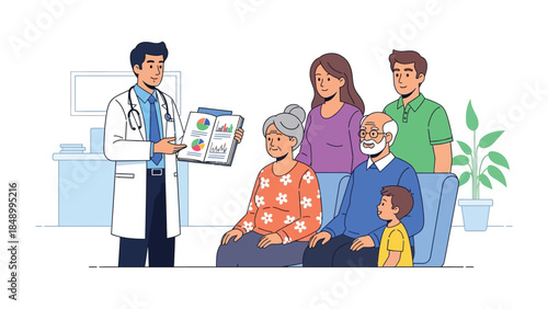 Healthcare Harmony: A caring physician shares a detailed health report with a multigenerational family, promoting open dialogue and understanding for improved wellness.