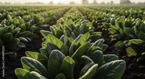 Young spinach plants in a lush green field at sunrise, covered in morning dew or frost, showcasing agricultural growth and fresh produce.