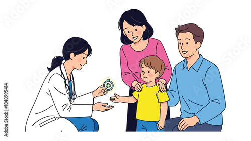 Health Check-up: A family, guided by a caring physician, engages in a health check-up, symbolizing healthcare, and the family doctor's pivotal role in pediatric care. 