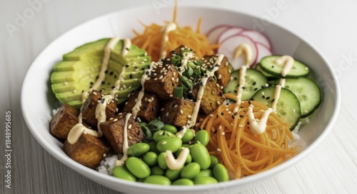 Vibrant Vegan Tofu Poke Bowl with Fresh Avocado, Edamame, and Crunchy Vegetables, Topped with Sesame Seeds and Creamy Sauce