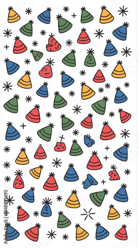 Festive Pattern: An artful composition of celebratory hats and snowflakes, creating a whimsical and joyous aesthetic, suitable for holiday themes and designs.