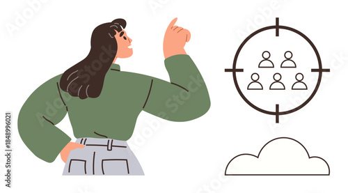 Confident woman pointing at a target with stylized people icons inside. Ideal for leadership, goal-setting, decision-making, teamwork, audience targeting, strategy, and vision representation. Simple