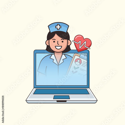 Nurse character on laptop screen for online medical consultation concept