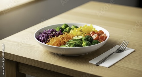 Vibrant Rainbow Vegetable Bowl with Fresh Broccoli, Cabbage, Carrots, Cucumbers, Tomatoes, and Peppers on a Wooden Table, Ready for a Healthy Meal
