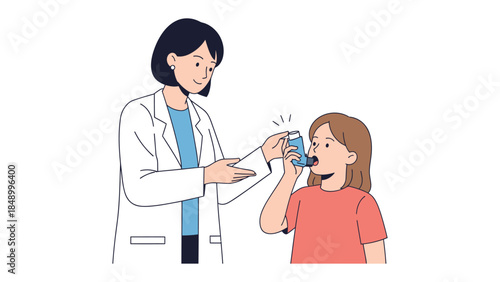 Doctor Assisting Child with Inhaler: A compassionate doctor assists a young child in using an inhaler, demonstrating support and care for respiratory health.