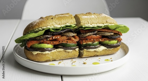 Gourmet Vegetarian Sandwich with Grilled Vegetables, Fresh Lettuce, and Ciabatta Bread on a White Plate for a Healthy Meal