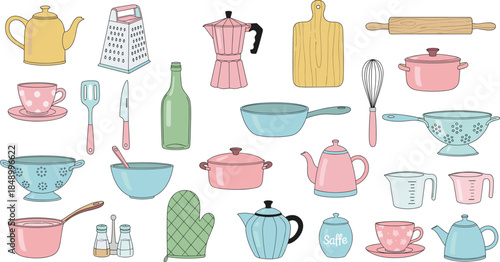 Vintage kitchen utensils and cookware vector set featuring pots, teapots, cups, bowls, baking tools, and retro household accessories illustration