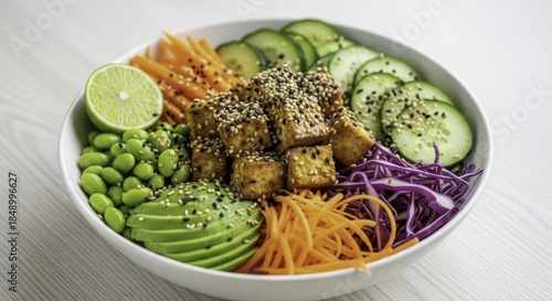 Vibrant Vegan Buddha Bowl with Sesame-Crusted Tofu, Fresh Avocado, Edamame, Cucumber, Carrots, and Red Cabbage, Perfect for a Healthy Meal