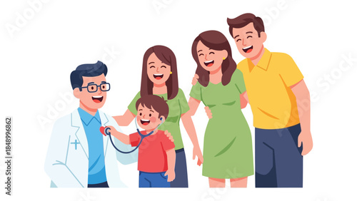 Family Health Consultation: A cheerful family, composed of parents and child, consults a friendly medical professional, fostering a scene of care and support.