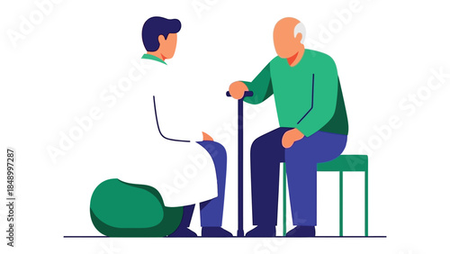Medical Consultation: An Elderly Man with Cane receives a check up from doctor