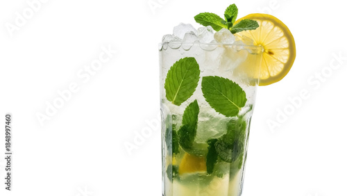 Isolated refreshing mojito cocktail with ice, mint leaves, and lemon garnish, summer vibe