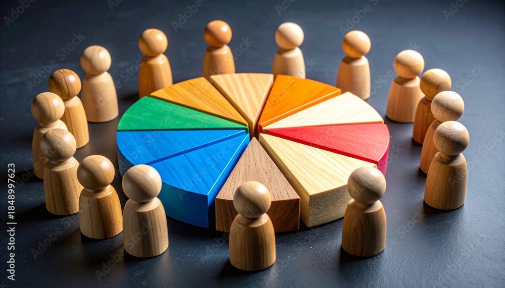 Obraz premium Wooden peg people in a circle surrounding a colorful wooden pie chart representing market share data analysis and team stakeholder collaboration