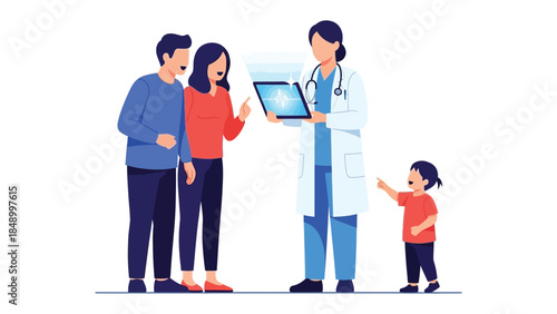 Medical Consultation with Family: A family consults with a doctor regarding health with a tablet. The scene is full of healthcare support and family caring. 