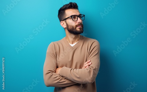 Young handsome man with beard wearing casual sweater and glasses over blue background looking to the side with arms crossed convinced and confident. High quality