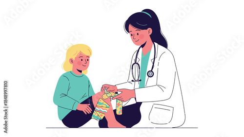 Kind Doctor Caring for a Young Patient: A compassionate doctor providing care to a young child, the scene exudes comfort and reassurance, with emphasis on care and well-being.