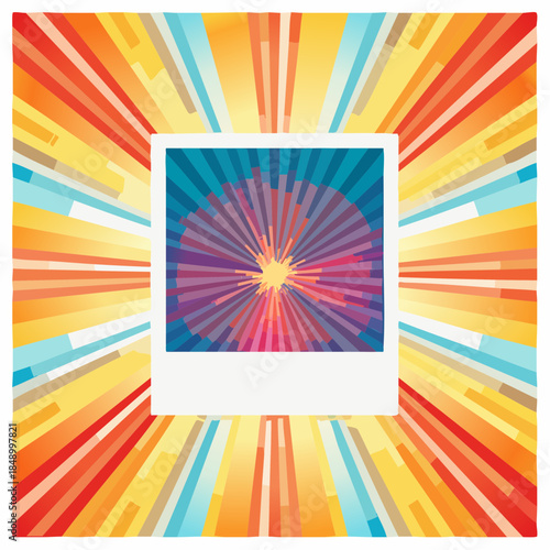 A vibrant, abstract image featuring a burst of colorful rays emanating from a central point, framed by a square border.