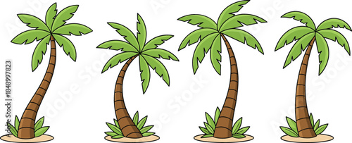 Cartoon palm tree vector set featuring tropical coconut palms with curved trunks, island beach vegetation elements for summer, travel, and nature designs