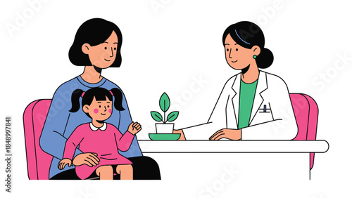 Child's Healthcare Appointment: A caring doctor consults with a mother and child. A symbol of healthy growth sits on the desk to represent well-being. 